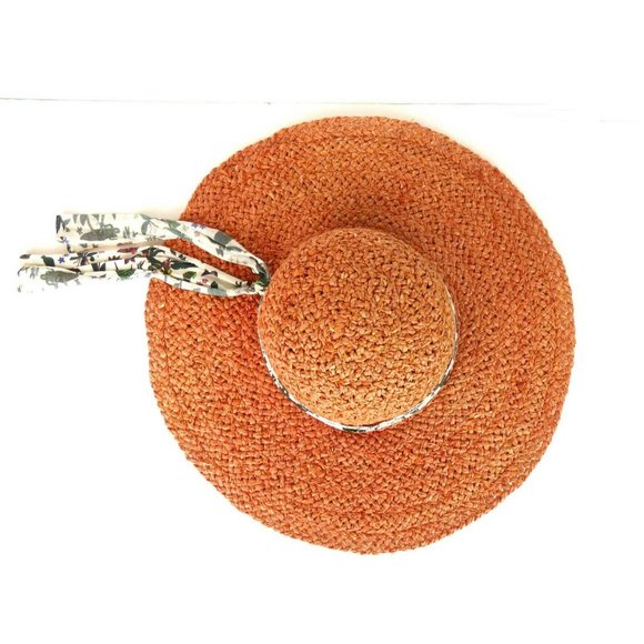 Paul Smith Women Coral Raffia Straw Sun Hat Floppy Wide Brim Silk Band Sz L Pool - Picture 9 of 12